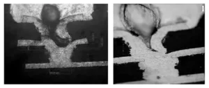 Figure 10 shows a poor hole shape in the electroplated blind hole, which leads to air blowing after soldering