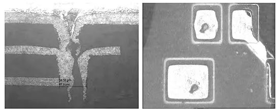 Figure 15. Cross sectional view and appearance of the copper substrate at the bottom of the outermost blind via