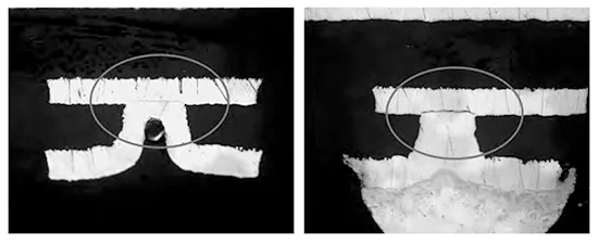 Figure 3. Cross sectional image of the blind hole separation occurs between the blind hole and the inner connecting plate