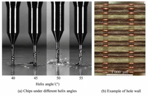 Fig. 7 Chip evacuation and hole wall condition at different helix angles